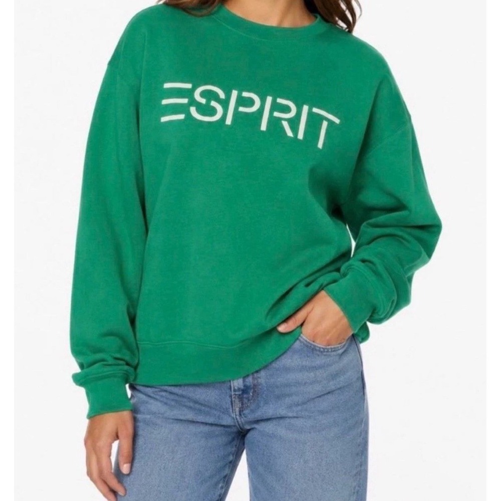 Esprit Sweatshirt Women XXL Green Pullover Logo Embroidered Fleece NEW